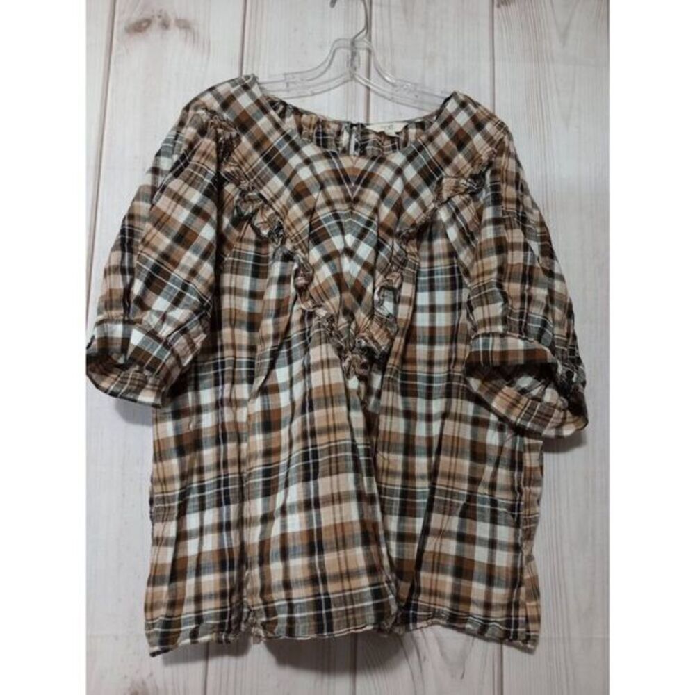 Terra & Sky‎ Womens 3X Plus Brown Plaid Ruffle V-Neck Short Puff Sleeve Blouse